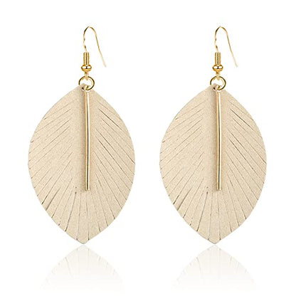 GBAHFY Feather Leather Layered Fringe Earrings for Women Boho Genuine Lightweight Leather Leaf Tassel Dangle Statement Earrings with Metal Bar - color: Beige