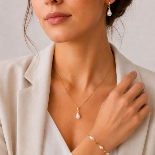 3Pcs Women's Gold Pearl Jewelry Set – 14K Gold-Plated Necklace Earrings And Bracelet Combo Includes An Exquisite Pearl Pendant Necklace Pearl Drop Earrings And An Adjustable Bracelet Perfect For Weddings Or As A Jewelry Gift For Her