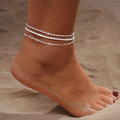 MFRYK Gold Ankle Bracelets for women,14k Gold/Silver Plated Waterproof Layered lightweight Cuban Link Figaro Chain Heart anklet butterfly anklet Pearl Ankle Bracelets Set Gold Anklets for women Trendy Jewelry Gift for Women - style: 3 anklets twisted pape