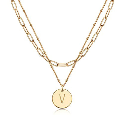Valloey Rover Initial Necklaces for Women 14K Gold Plated Dainty Letter Necklce Round Coin Disc Pendant Double Side Engraved A-Z Necklace Personalized Jewelry Gift for Women - color: Layer-V