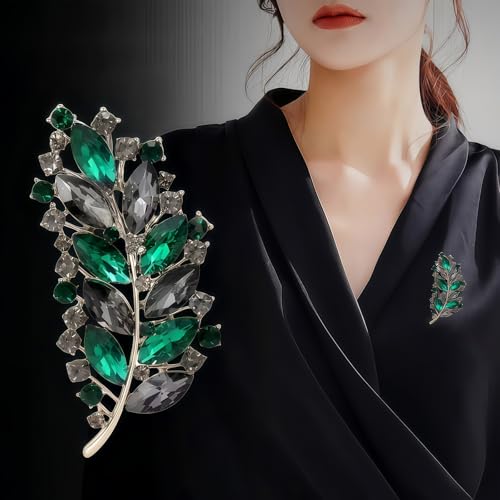 2pcs Rhinestone Brooch Pin for Women Dress Elegant Stylish Crystal Brooches Fashion Accessories Pins Lapel Boutonniere Ideas Wedding Christmas Birthday Jewelry Easter Gift - color: 20 Green Leaves/Colorfull