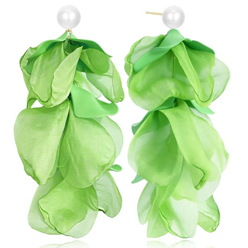 Handmade Bohemian Lightweight Fabric Flower Dangle Drop Earrings Chic Pearl Large Tassel Petal Stud Earrings For Women - color: Green