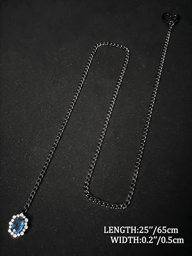 Women's Heart O-Ring Slip Chain Necklace, Double Layered Adjustable 39'' Cuban Chain with Detachable Heart Clasp and Colorful Rhinestone Pendant - color: 25'' Black-Ocean Blue