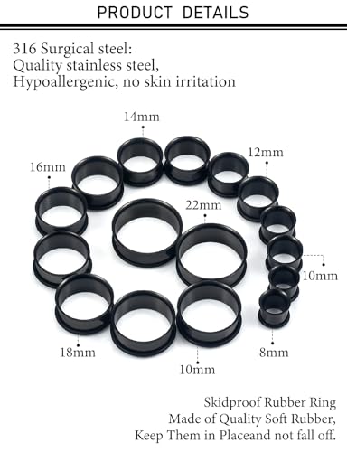 12G-25mm Single Flared Gauges Tunnels Stretching Kit 316L Surgical Steel O-ring Ear Gauges Plugs Earring Lobe flesh Tunnel Gauge Stretcher Silver Black Gold Color Tone - color: Black, size: 0g/00g/12mm14mm/16mm/18mm/20mm/22mm