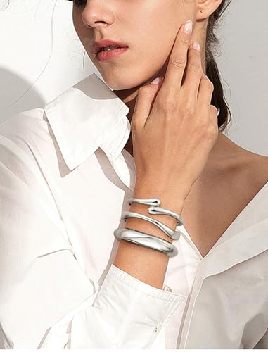 Chunky Gold Bangle Bracelets for Women – 14k Gold Plated | Cuff Bangles, Stackable Bracelet Set, Wide Trendy Fashion, Jewelry Gift - color: 01-Silver-3pcs