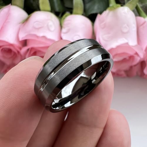 TUTISS 6mm 8mm Silver/Black/Blue/Gunmetal/Gold/Rose Gold Tungsten Rings for Men Women Fashion Engagement Wedding Bands Matte Finish Beveled Edges Comfort Fit - color: 8mm Gunmetal Tungsten