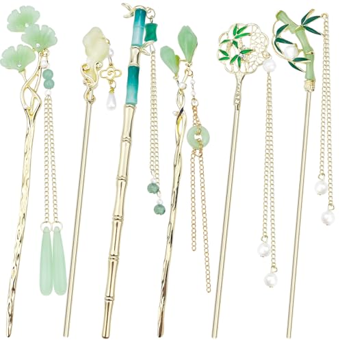 6PCS Chinese Hair Sticks Set, Gold White Japanese Hair Stick with Pearl Flower Bamboo Leaves Design Metal Hair Chopsticks Hair Bun Updo Holders Long Thick Hair Accessories for Women - color: 6pcs Green