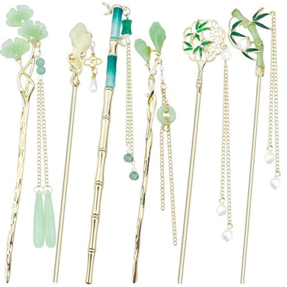 6PCS Chinese Hair Sticks Set, Gold White Japanese Hair Stick with Pearl Flower Bamboo Leaves Design Metal Hair Chopsticks Hair Bun Updo Holders Long Thick Hair Accessories for Women - color: 6pcs Green