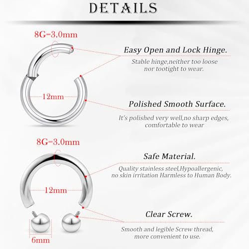 18G-2G Septum Rings 316L Surgical Steel Horseshoe Gauges Earrings Septum Nose Ring Silver Cartilage Helix Tragus Daith Rook Earring Hoop Lip Piercing Jewelry for Women Men - style: 8G(3.0mm)-Dia:12mm