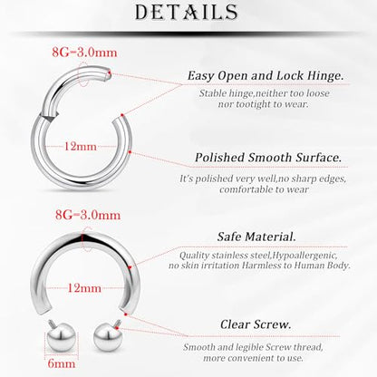 18G-2G Septum Rings 316L Surgical Steel Horseshoe Gauges Earrings Septum Nose Ring Silver Cartilage Helix Tragus Daith Rook Earring Hoop Lip Piercing Jewelry for Women Men - style: 8G(3.0mm)-Dia:12mm