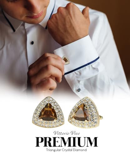 Triangular Crystal Diamond Set Cuff Links for Men – Tuxedo Suit Accessories, Cufflinks for Men - style: Brown/Gold