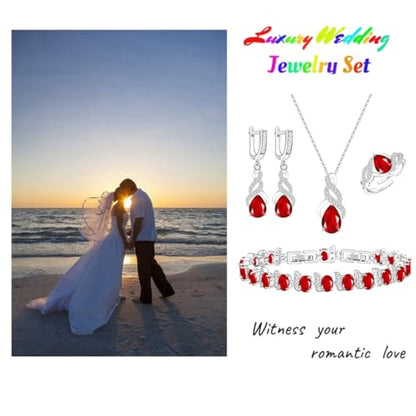 LMXXVJ Jewelry Set for Women,Teardrop Cubic Zirconia Necklace Earrings Adjustable Ring Bracelet Jewelry Set Formal Jewelry Gift - color: MHSD-White Gold-Ruby Red