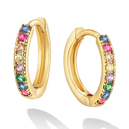 Dremmy Studios Dainty CZ Huggie Hoop Earrings 14K Gold Plated Chunky Simple Cute Thick Round Frill Bead Ball Starburst Cuff Earrings Cubic Zirconia Hoop Earrings Minimalist Personalized Gift for Her - color: Rainbow A