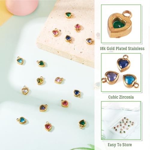 Beadthoven 20Pcs Heart Rhinestone Charms, Real 18K Gold Plated Crystal Charms Valentine Dangle Beads Sparkly Small Mini Birthstone Pendants for Bracelet Necklace Earrings DIY Jewelry Making Accessory - color: Hearts