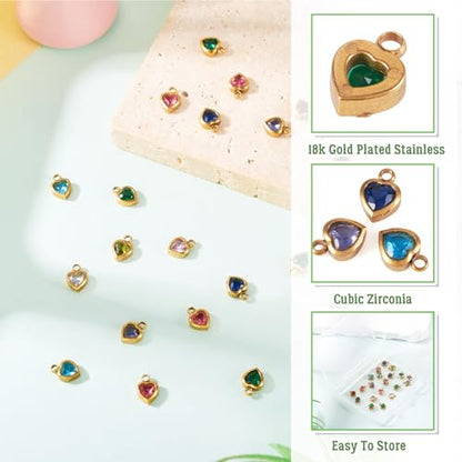Beadthoven 20Pcs Heart Rhinestone Charms, Real 18K Gold Plated Crystal Charms Valentine Dangle Beads Sparkly Small Mini Birthstone Pendants for Bracelet Necklace Earrings DIY Jewelry Making Accessory - color: Hearts