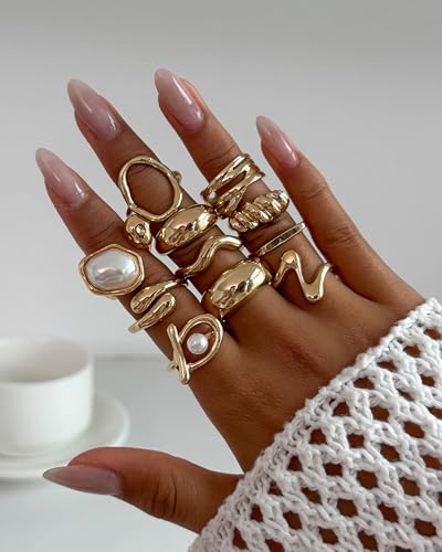 Chunky Gold Shell Starfish Ring Set for Women Trendy Gold Flower Scallop Seashell Starfish Gemstone Rings Adjustable Stacking Statement R-ings Non Tarnish Spring Summer Jewelry Accessories - color: A9:11 pcs