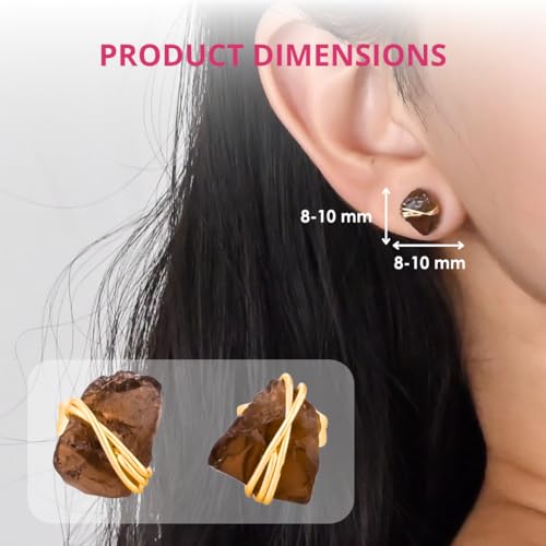 Gempires Wire Wrapped Raw Gemstone Stud Earrings for Women, Birthstone | Handmade wire-wrapped raw gemstone stud earrings — choose from stones and birthstones, artisan raw crystals on gold. - style: Smoky Quartz