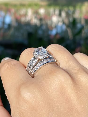 CEJUG 3Ct Princess Wedding Rings for Women Engagement Ring Set Bands 18k White Gold Plated Halo Cz Size 6-10 - color: White Oval