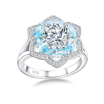 Flower Cocktail Ring for Women Stone Engagement Anniversary Rings | Sterling Silve|Hypoallergenic|Ruby|Sapphire|Emerald|Wedding and Birthday Party Women Statement Ring|Mother and Grandma Gift - color: Aquamarine (Mar.)