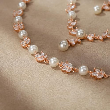 EleQueen Women's Simulated Pearl Wedding Jewelry Set for Brides | Cubic Zirconia Necklace Earrings Bracelet Set for Brides Bridesmaids, Bridal Jewelry Set for Anniversary/Memorial Day - style: Elegant Necklace Set Rose Gold-Plated-Base