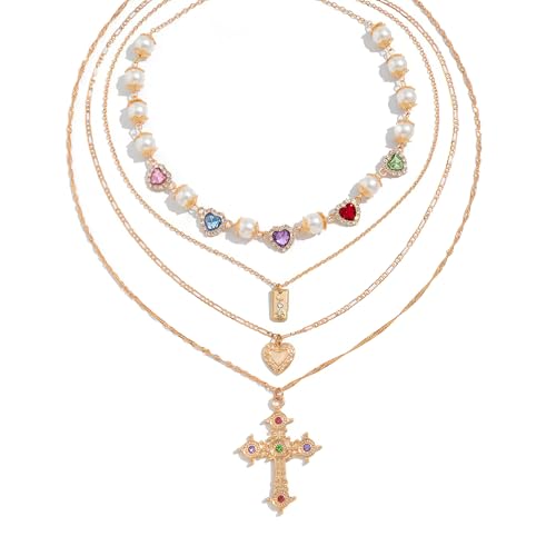 Gold Cross Layered Necklaces for Women,Colorful Crystal Drop Necklace,Gold Cross Pendant Necklace Stack,Fashion Long Tassel Chest Chain Jewelry Layered Rhinestone Neck Chain Accessories - color: Gold-3