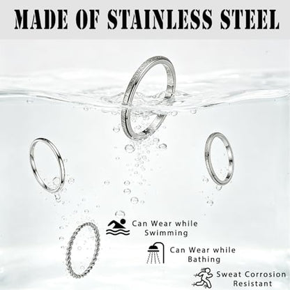 2mm 18Pcs No Tarnish Stainless Steel Thin Rings | PVD Gold Plated, Fadeless, Waterproof, High Polish, Hypoallergenic - color: Silver