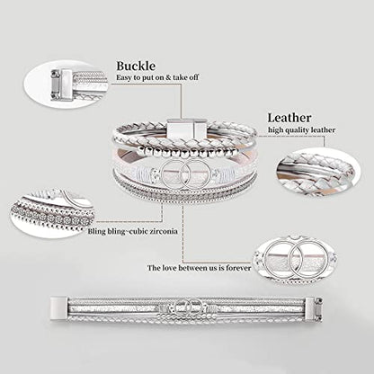 Bracelets for Women, Gifts for Mom Her Christmas Gift 2026 Leather Bracelets for Women Birthday Gift for Daughter Inspirational Wrap Bracelet Sister Friend Teen Girl Gift Layered Stocking Stuffers Jewelry - style: Silver