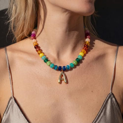 Chunky Beaded Bubble Initial Pendant Necklace Jewelry for Women | Big Large Bead Choker Letter Necklace Summer Beach Beachy Womens Statement Charm Gifts - color: Colorful A