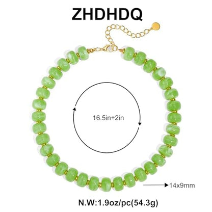 Chunky Beaded Necklace for Women, Colorful Boho Statement Necklace, Gold Chunky Resin Large Bead Necklace, Waterproof Summer Beach Jewelry Gifts for Women - color: Green
