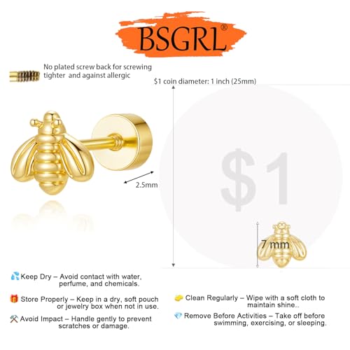 Flat Back Earrings for Women Cartilage Helix | Comfortable Dainty Cute Dragon Bee Bird Phoenix Dragonfly Cute Animal Leaf Spiral Rhombus Design Flatback Stud Earrings - color: Gold Bee