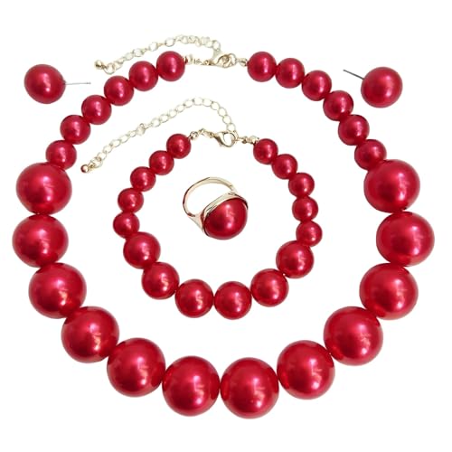 White Faux Pearl Necklace and Earrings Set Big Large Pearl Bead Ball Beaded Choker Necklace Black Pink Pearls Statement Bracelet Ring for Women - color: red