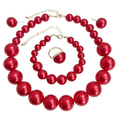 White Faux Pearl Necklace and Earrings Set Big Large Pearl Bead Ball Beaded Choker Necklace Black Pink Pearls Statement Bracelet Ring for Women - color: red