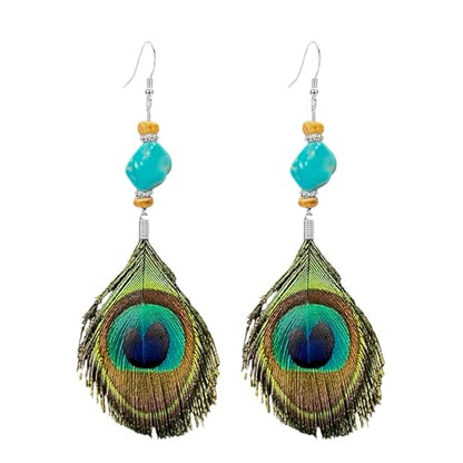 Boho Peacock Feather Turquoise Earrings for Women, Handmade Ethnic Tribal Dangle Drop Earrings with Natural Turquoise Bead, Bohemian Hippie Festival Jewelry Gift