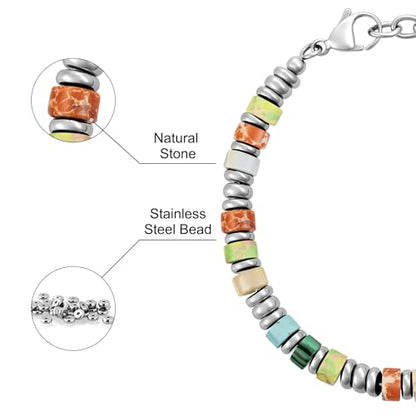 SIUMAL Mens Bracelet, Boho Stainless Steel Bracelets for Men, Beaded Bracelets, Jewelry Gifts for Husband, Father, Friends - color: Silver & Colorful
