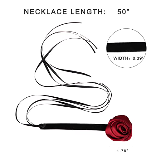 Black Choker Camellia Flower Lace-up Necklace For Women - color: Black ribbon rose