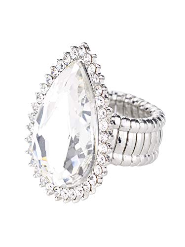 NYFASHION101 Radiant Teardrop Stone Adjustable Cocktail Statement Ring - color: Clear Encircled Teardrop, Silver-Tone
