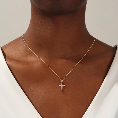 Carffordo 925 Sterling Silver Cross Necklace, Dainty Necklace for Women | Simple Small Cross Pendant Necklace, Sterling Silver/16K Gold Plated Non-Tarnish Faith Jewelry, Christian Religious Gifts - style: Gold Cubic Zirconia Cross