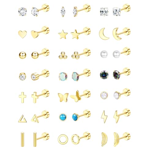 Jstyle 21Pairs Hypoallergenic Flat Back Stud Earrings for Women, Tiny Studs | Surgical Stainless Steel Flatback Earrings, CZ Butterfly Heart Small Stud Earrings Set, Screw Back Cartilage Piercing Jewelry - color: 14K Gold Plated - CZ