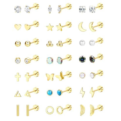 Jstyle 21Pairs Hypoallergenic Flat Back Stud Earrings for Women, Tiny Studs | Surgical Stainless Steel Flatback Earrings, CZ Butterfly Heart Small Stud Earrings Set, Screw Back Cartilage Piercing Jewelry - color: 14K Gold Plated - CZ
