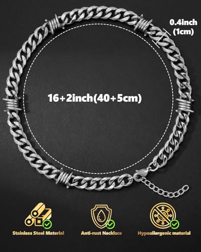 Stainless Steel Gothic Y2K Punk Rock Emo Biker Pendant Necklace | Cosplay Vintage Viking Alt Edgy Fashion Charm Necklace Jewelry for Men Women Active Daily Wear - style: Chunky Barbed Wire 16 Inch(Adjustable)