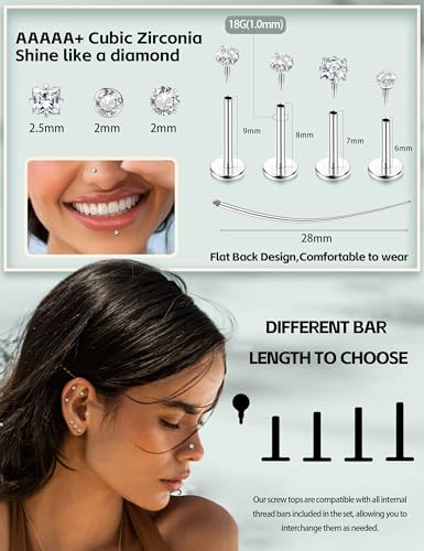 JeryWe 18G 16G Flat Back Earrings Studs for Women - Hypoallergenic Surgical Steel Internal Thread CZ Stud Earrings Stacks 14K Gold Plated Tragus Labret Helix Cartilage Conch Nose Stud Piercing Jewelry - color: Steel, size: 18G(1.0mm)