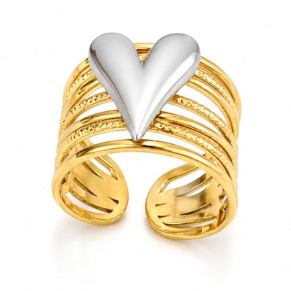 Two Tone Heart Open Ring 18K Gold Plated Stainless Steel Wide Band Adjustable Statement Ring for Women Fashion Jewelry