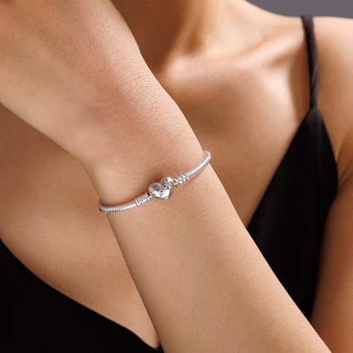 925 Sterling Silver Charm Bracelet for Women Snake Chain Dog Paw Print Clover Horseshoe Heart Moments European Bracelet Jewelry Gift, 16.0 Centimeters