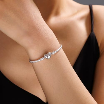 925 Sterling Silver Charm Bracelet for Women Snake Chain Dog Paw Print Clover Horseshoe Heart Moments European Bracelet Jewelry Gift, 16.0 Centimeters