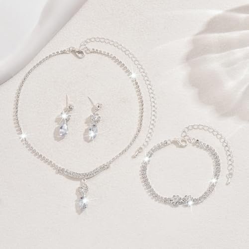 MIFYNN Rhinestone Wedding Set for Women Sparkle Crystal Earrings Necklace Bracelet Jewelry Set Wedding Party Prom Jewelry Set for Brides Bridesmaid - color: Silver5