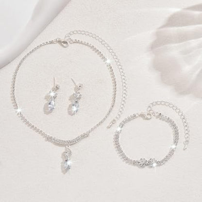 MIFYNN Rhinestone Wedding Set for Women Sparkle Crystal Earrings Necklace Bracelet Jewelry Set Wedding Party Prom Jewelry Set for Brides Bridesmaid - color: Silver5