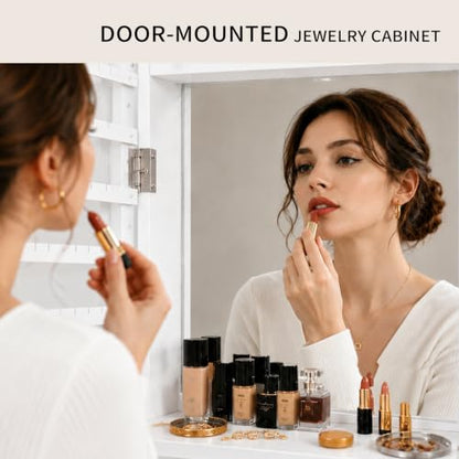 Lockable Jewelry Cabinet Organizer with Full Length Mirror, 6 Auto LED Lights, Wall & Over Door Mount Jewelry Armoire with Earring Slots, Necklace Hooks, Foldable Makeup Shelf - color: White