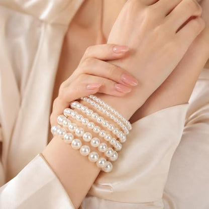 6Pcs Pearl Bracelets for Women, Boho Pearl Bracelet Stack Adjustable Stretch Simulated Pearls Beaded Bracelet for Bridesmaid Bridal Wedding