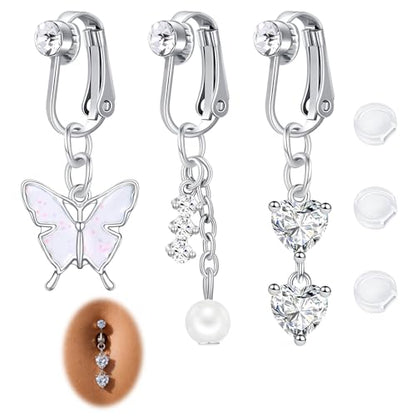 Zolure Gold/Silver Fake Belly Ring 3PCS Clip on Belly Button Rings Surgical Steel Non Piercing Navel Ring Devil Butterfly Clear CZ Dangle Fake Belly Piercing Jewelry with Pain Reducing Silicone Pad - color: silver