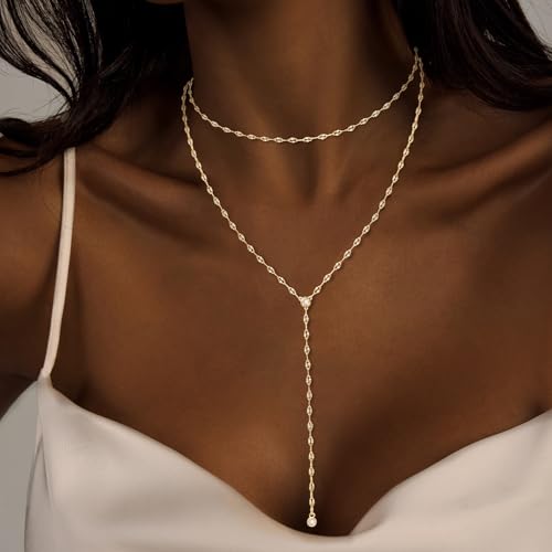 Luxval Lariat Gold Necklace for Women, Dainty Long Necklace 14k Gold Plated/Silver Y-Shaped Pendant Necklaces Trendy Beaded Chain Drop Necklaces Jewelry for Women Gifts - color: Gold-wave cz